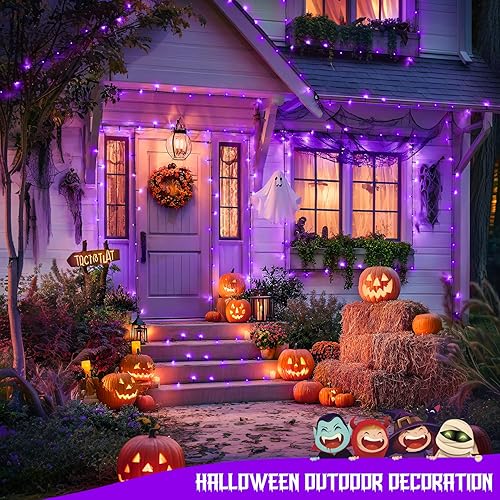 Miniatura 7 de JMEXSUSS Paquete de 2 luces solares moradas de Halloween, 100 LED de 42.7 pies, luces solares moradas impermeables para exteriores, 8 modos de luces