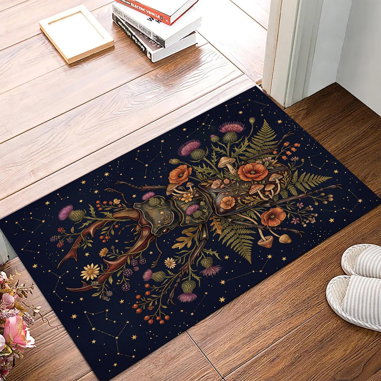 Dunkles Retro-Blumenmuster Waschbare Fußmatte Teppich 80 x 120 cm | Käfer Distel Pilz Teppich, Kurzflor Weich Klein Carpet mit Rutschfester Rückseite für Wohnzimmer Schlafzimmer Eingang