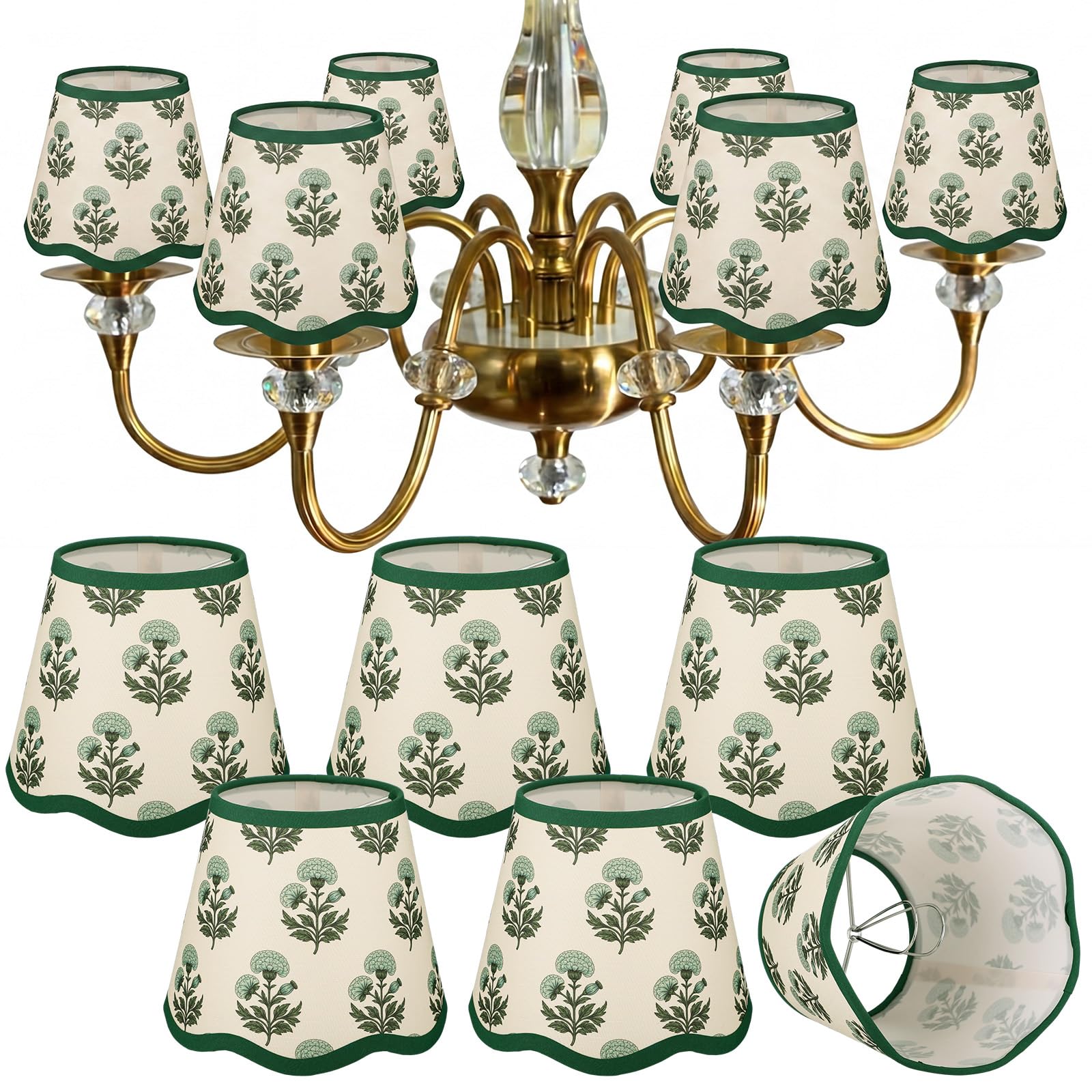 Photo 1 of Gerrii 6 Pcs Scalloped Lamp Shades Floral Block Print Lamp Shades Cotton Lampshade 3x6x5 Inch Coastal Fabric Mini Scallop Lampshades for Wall Sconce Pendant Light (Blue,Blue and Green Floral)