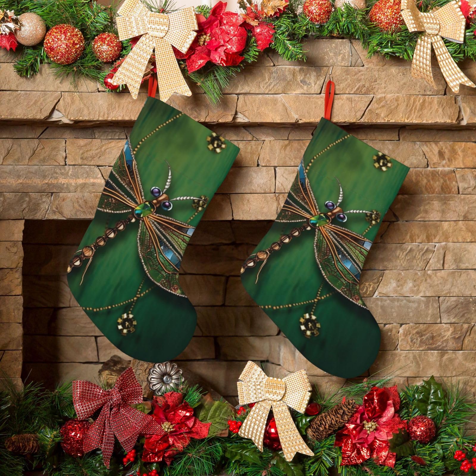 KLOPH Christmas Stockings 18" Personalized Xmas Stocking Jewel Dragonfly Decoration Stocking Hanging Fireplace Stocking for Holiday Xmas Tree Christmas Fireplace Decor
