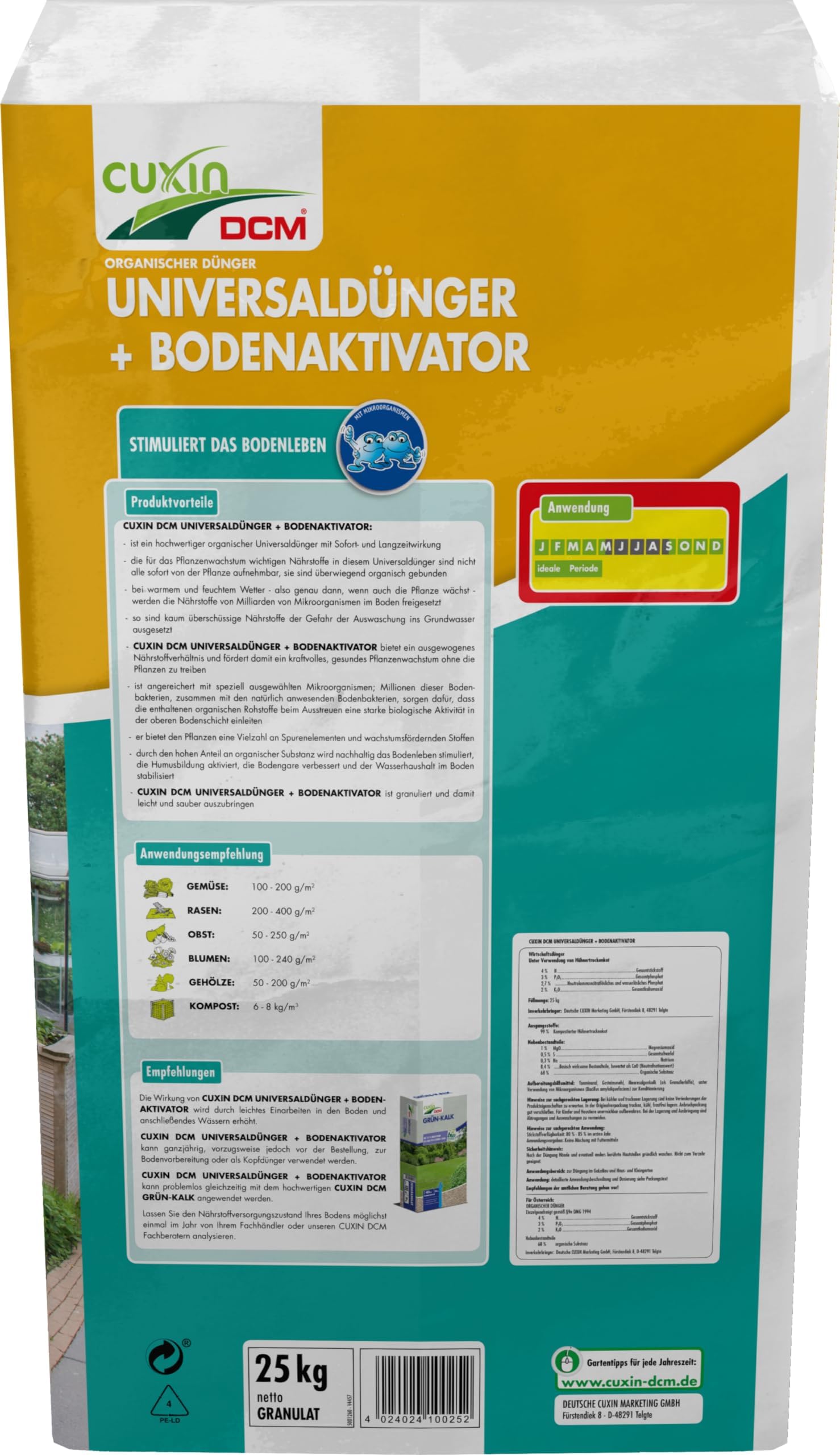 CUXIN DCM Universaldünger + Bodenaktivator - Granulat - mit Bacillus sp. - effektive Mikroorganismen - Gartendünger - Gemüsedünger-organischer NPK-Dünger - 25 KG