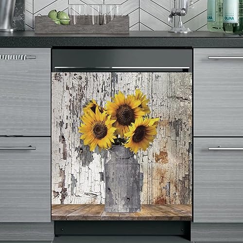 Calcomanías magnéticas de madera rústica para lavavajillas, cubierta de madera vieja para lavavajillas, calcomanía de girasol magnética para la