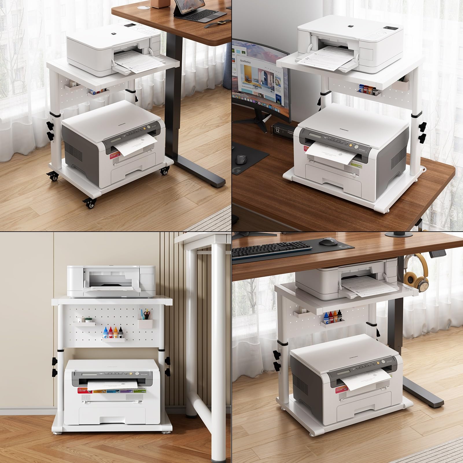 Blanco Mueble Impresora, Mesa Impresora con Tablero Perforado, Carro para Trituradora con Ruedas, para Oficina en Casa