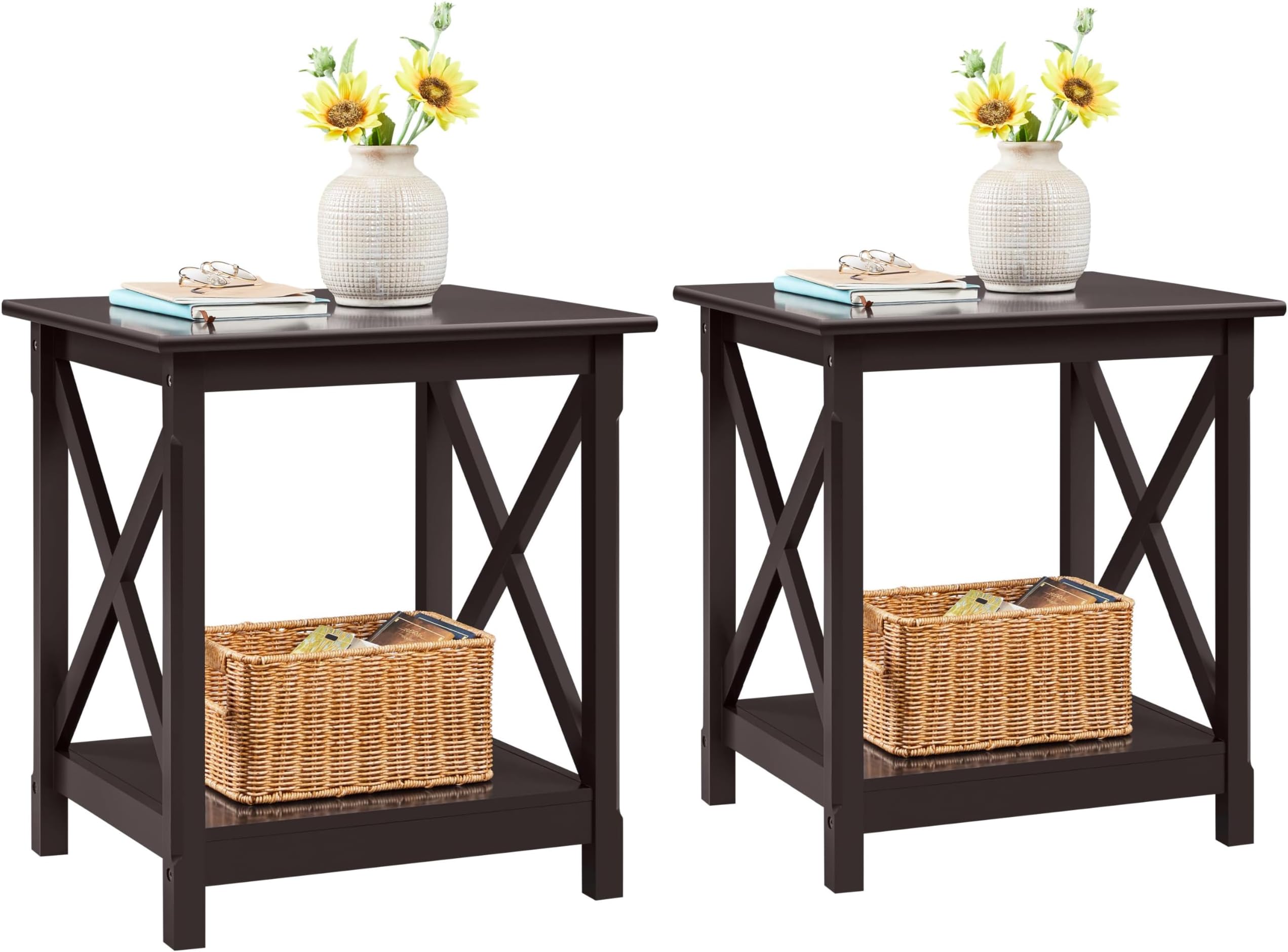 Yaheetech X-Design End Tables Set of 2, Sofa Side Table with Storage Shelf, 2 Tier Side Stand Small Table for Living Room Sofa Study, Easy Assembly, Dark Coffee