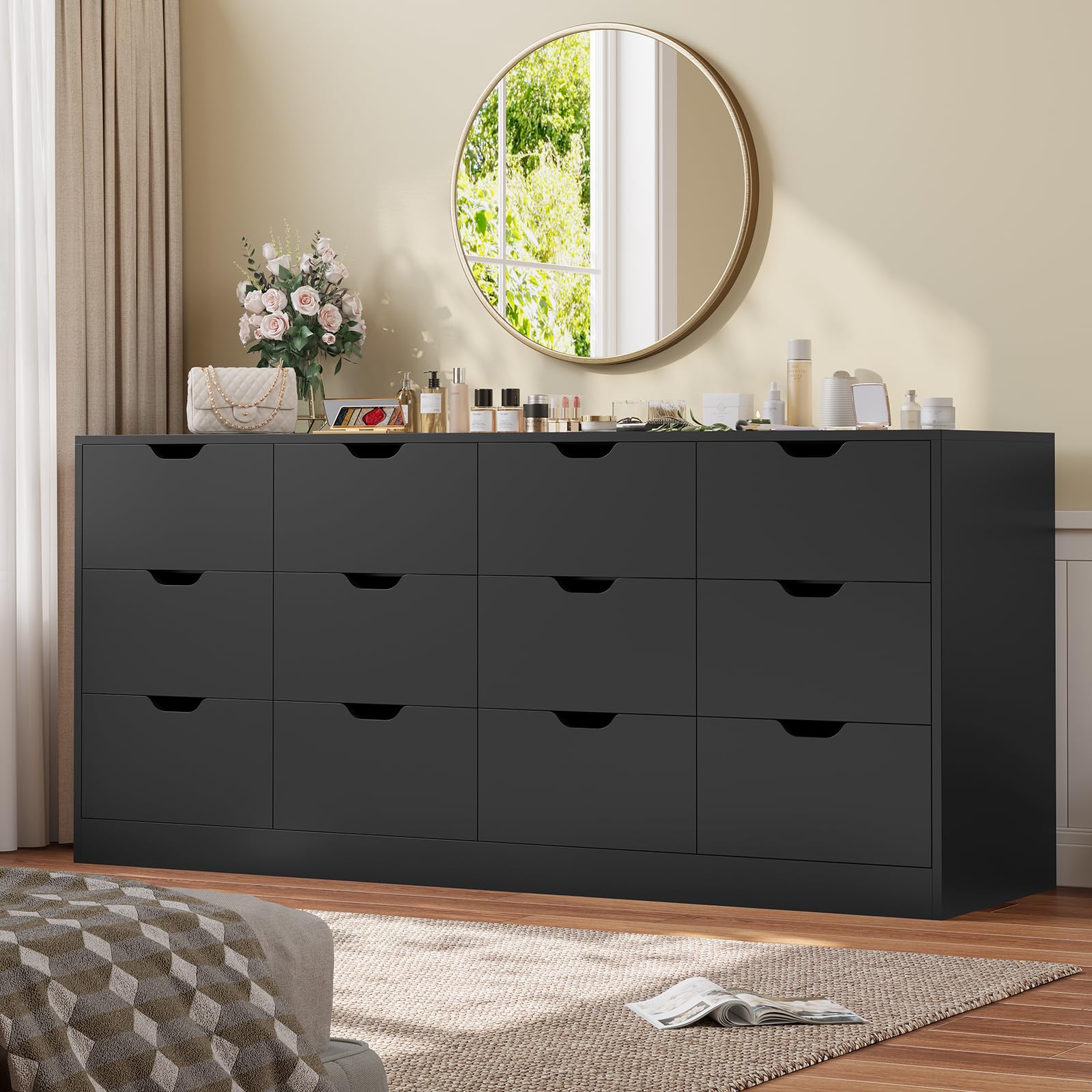 HAUOMS 12 Drawer Dresser for Bedroom, Large Black Chest of Drawers for Bedroom,Long Modern Dressers with Drawers for Living Room, Hallway (pickup 2 boxes) 