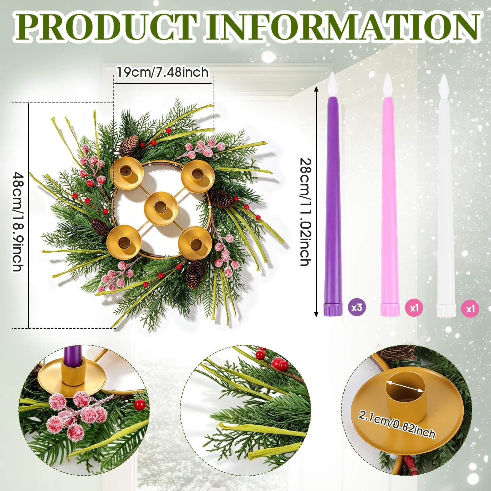 Lot de 6 couronnes de l'Avent de Noël avec 5 bougies artificielles sans