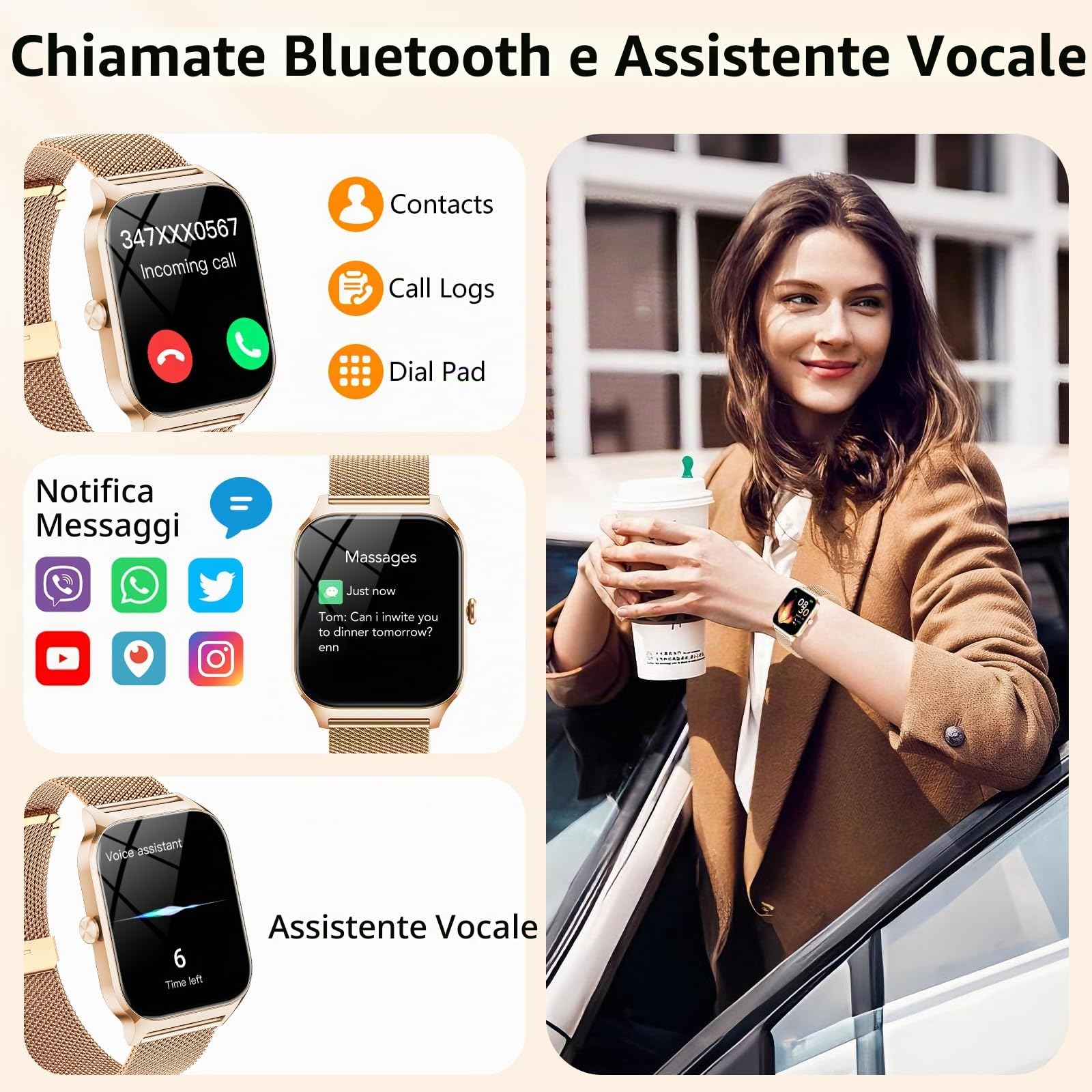 CASCHO Smartwatch Donna,1.85''Orologio Smartwatch Donna con Chiamate/Notifiche WhatsApp,120 Modalità Sportive/Sonno/Cardiofrequenzimetro/SpO2/Contapassi,Smart Watch per Android iOS(Doppio Cinturino)