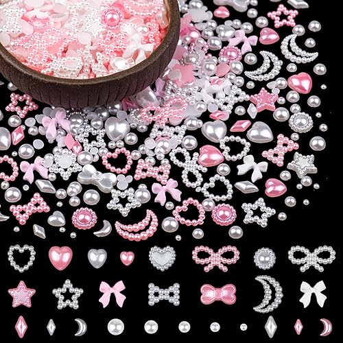 600 dijes de uñas multiformas 3D y perlas de parte trasera plana, estilos mixtos blancos y rosados, adornos de girasol con forma de corazón,