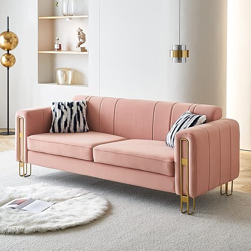 Yoglad Mueble de tela contemporánea de 3 plazas, sofá de terciopelo con rayas profundas, sofá tapizado con brazos cuadrados y patas de metal para