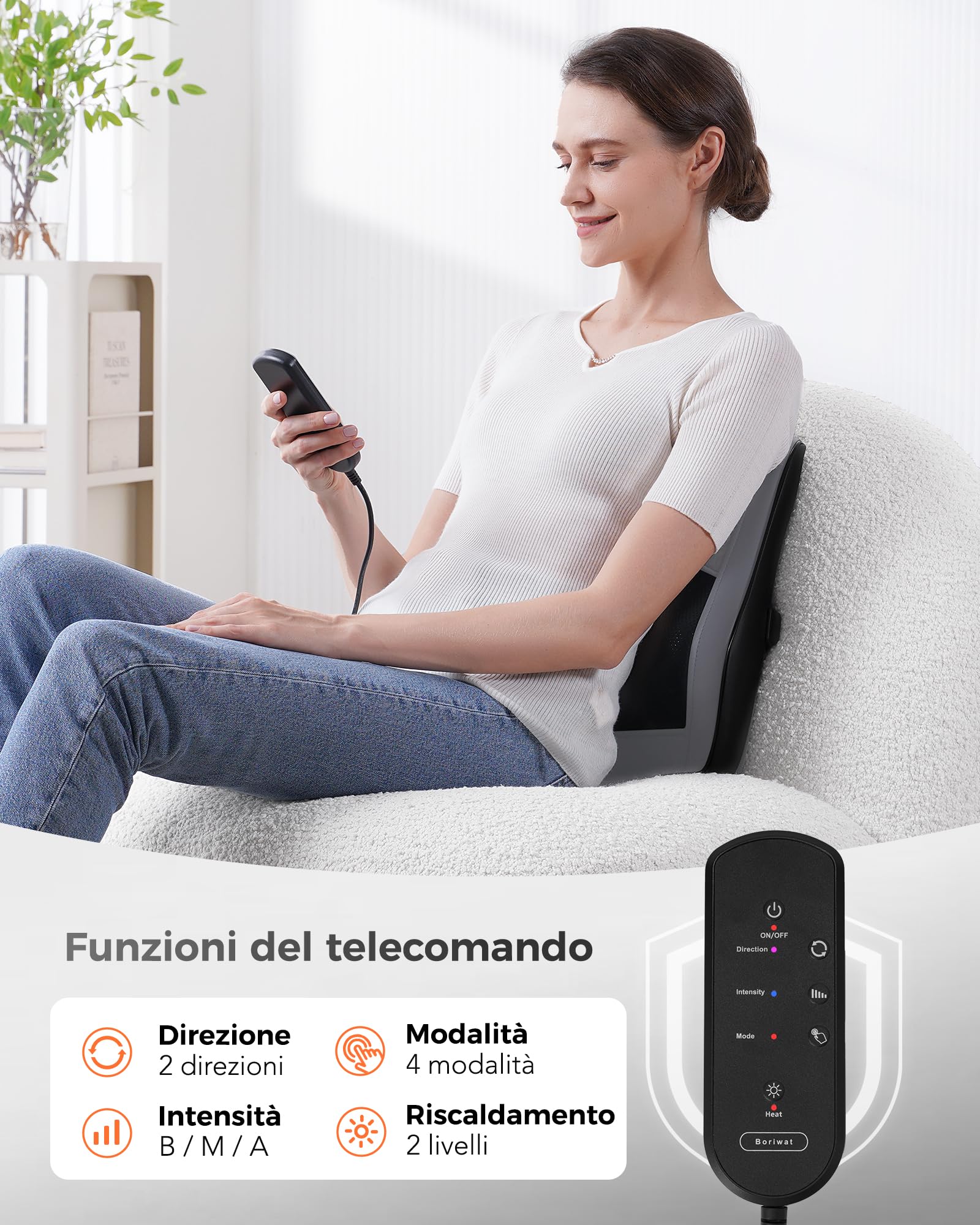 Boriwat Massaggiatore Schiena con Calore per Schiena, Collo, Spalle, Gambe | 3D Cuscino Massaggiante Impastamento Sollievo Dolore Tessuti Profondi, Casa e Ufficio, Regali Donna Uomo Mamma Papà