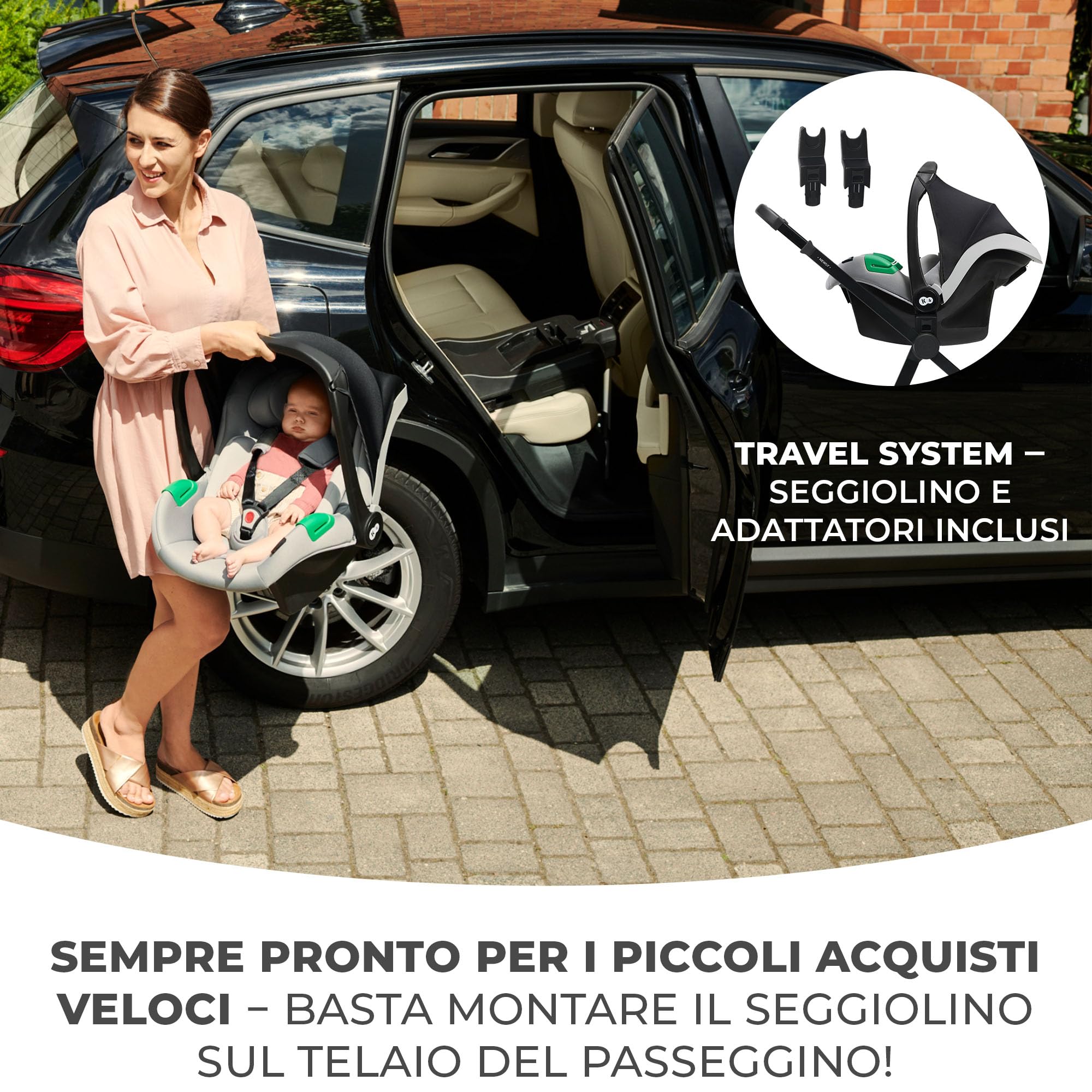 Kinderkraft 4 in 1 Trio Passeggino Neonati con Ovetto I-SIZE 40-75 cm, Base ISOFIX, Travel System, UPF50+, Grigio