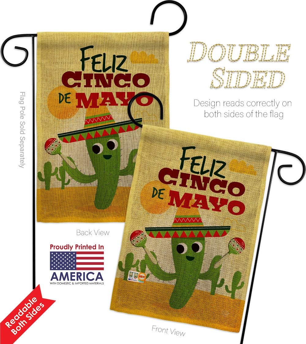 Feliz Cinco de Mayo Burlap Garden Flag Set Wall Holder Summertime Party Cactus Pinata Sombrero Mexican Fiesta Outdoor Small Decorative Gift Yard House Banner Double-Sided Made In USA 13 X 18.5