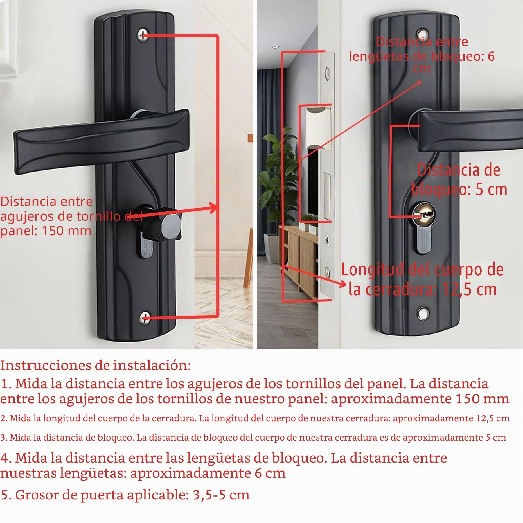 Generisch Tirador de puerta con llave, juego de cerradura de palanca de puerta universal para casa, dormitorio, negro