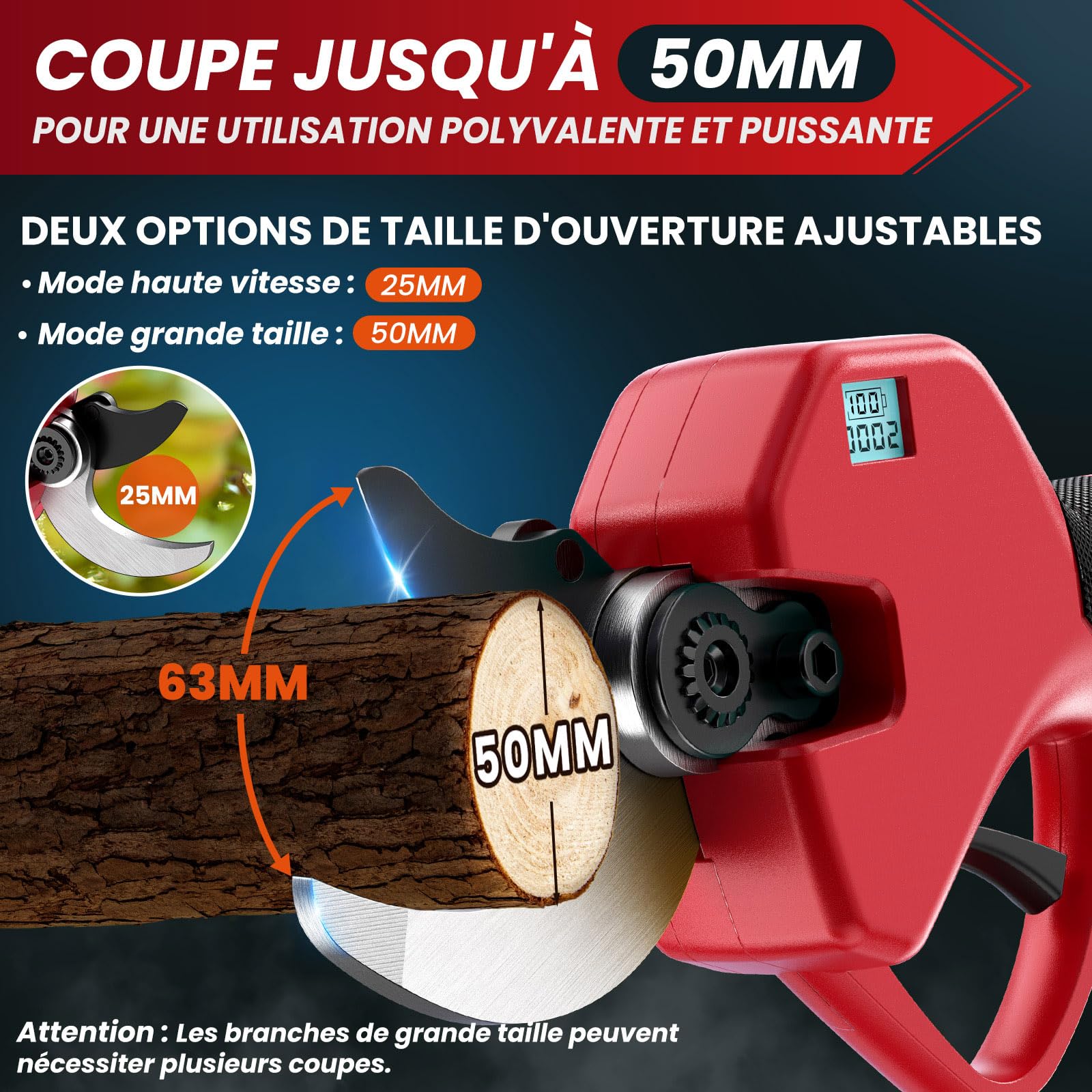 Sécateur Électrique Sans fil, 50mm Secateur Electrique, Sécateur électrique avec Écran avec 4000mAh (2 x 2.0Ah) Batteries pour la taille, le jardinage, les arbres fruitiers et le vignoble Ciseau