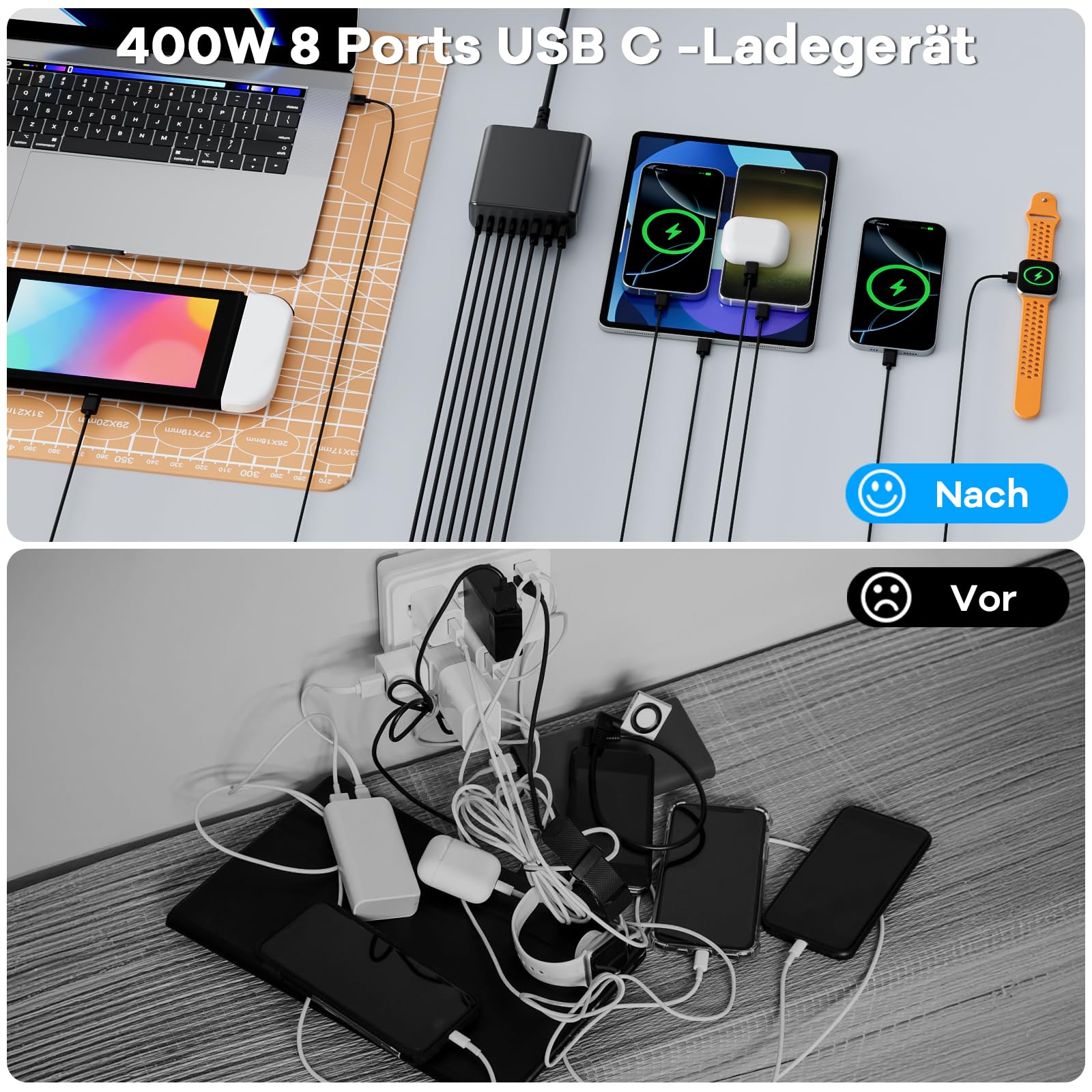Chargeur USB C 400 W, GaN IV 8 ports, chargeur rapide, 400 W, 8 ports, compatible avec MacBook Pro/Air, iPad Pro/Air, iPhone, Android, etc. (noir, 8 ports-400 W)