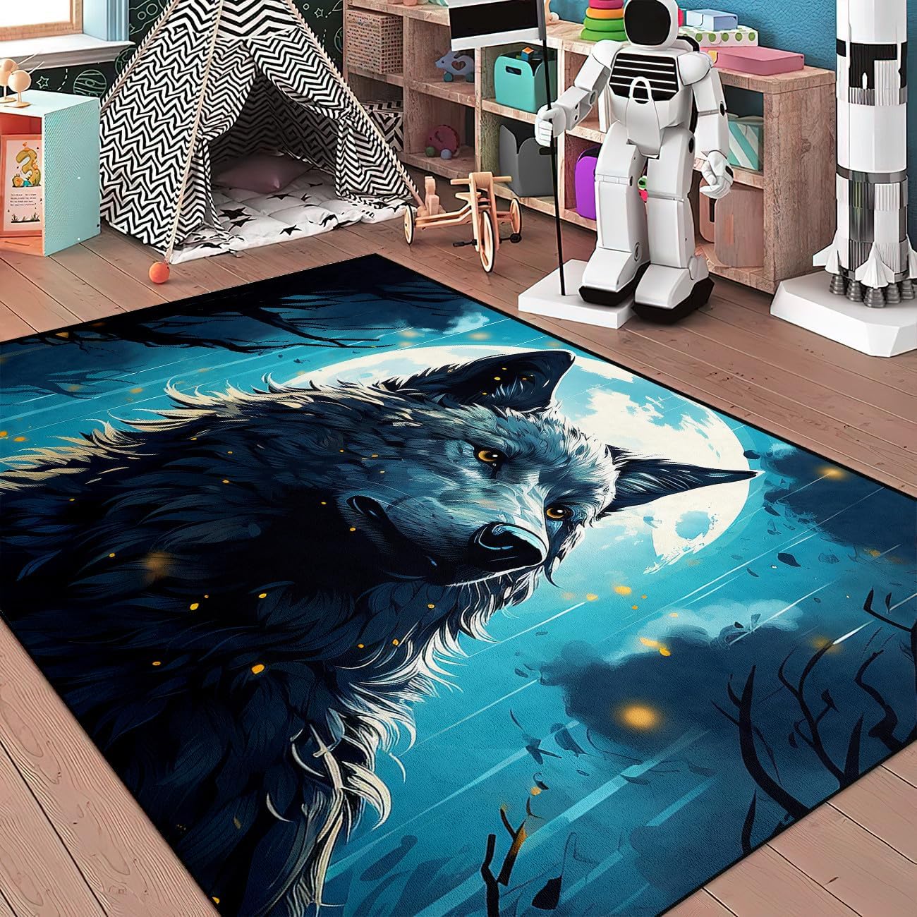 Wolf Area Rug for Boys - 70" L x 55" W Wolf Rugs for Bedroom Wild Animals Prints Area Rug, 4'5"×6'
