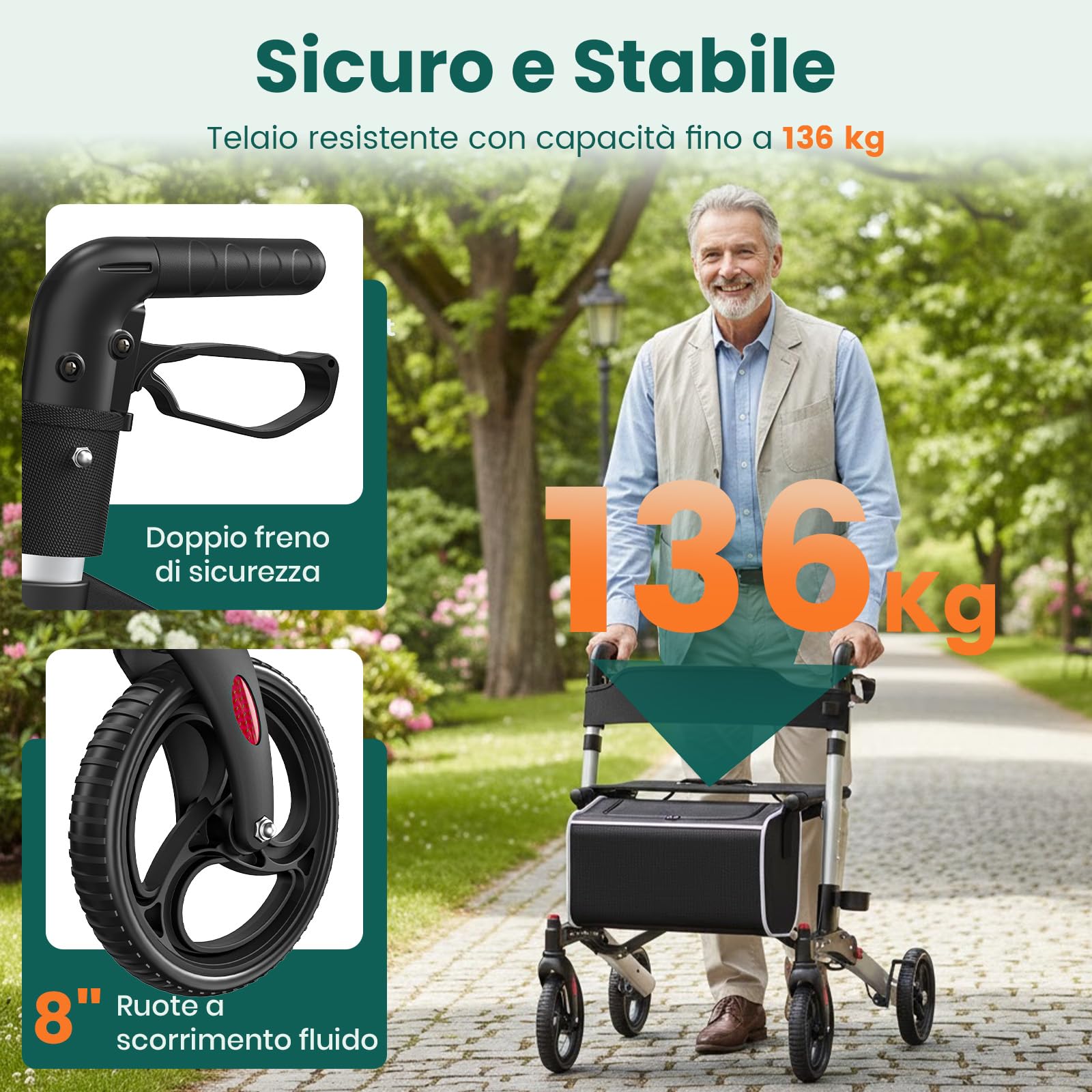 Rollator con seduta, Rollator a 4 ruote pieghevole per adulti, Portata fino a 136 kg, Sistema di doppio freno, Ruote da 8"", 6 livelli di altezza regolabile, Borsa rimovibile & Schienale – Argento