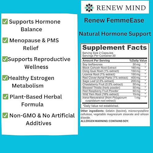 Miniatura 3 de Renew FemmeEase - Suplemento de apoyo para el equilibrio hormonal para mujeres  con cohosh negro, dong quai, casteberry y ñame silvestre