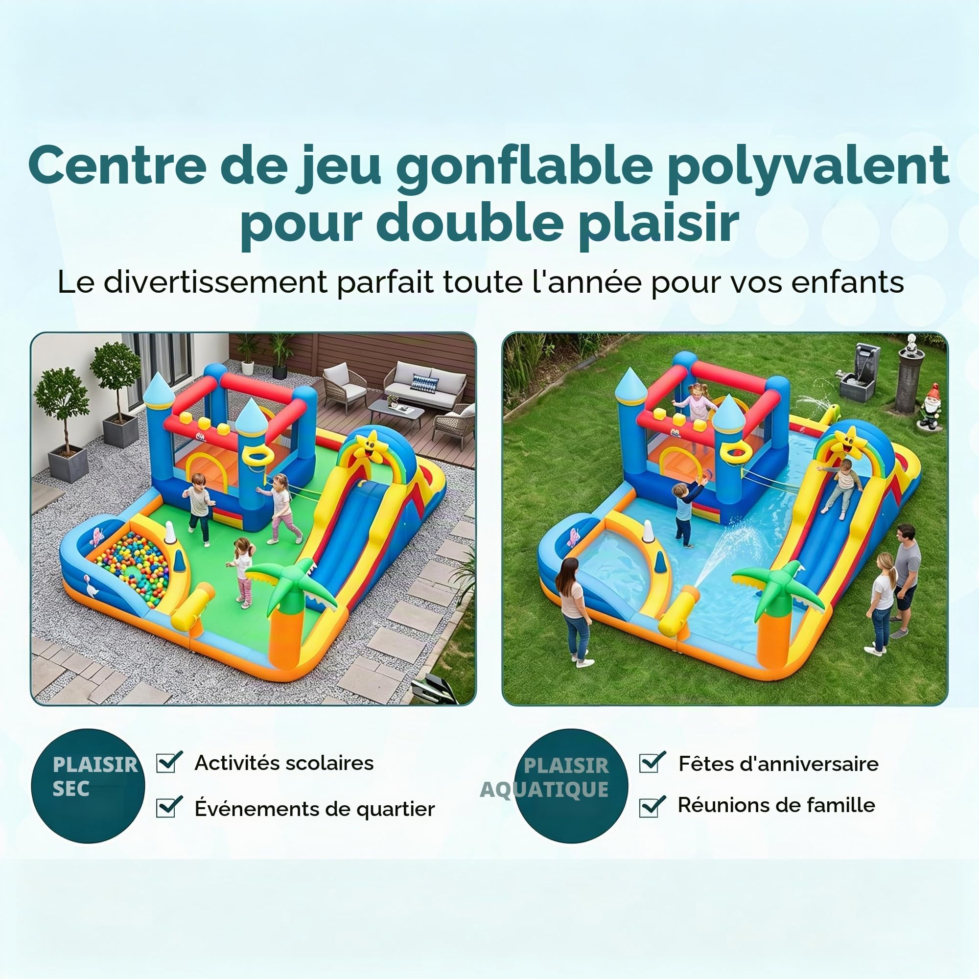 GIANTEX Chateau Gonflable Exterieur pour Sec ou Eau, Parc Aquatique Gonflable avec Toboggan, Aire de Saut, Mur d'escalade, Panier de Basket, Bassin, Filet de Volley et Canon, pour Enfants 3+ Ans