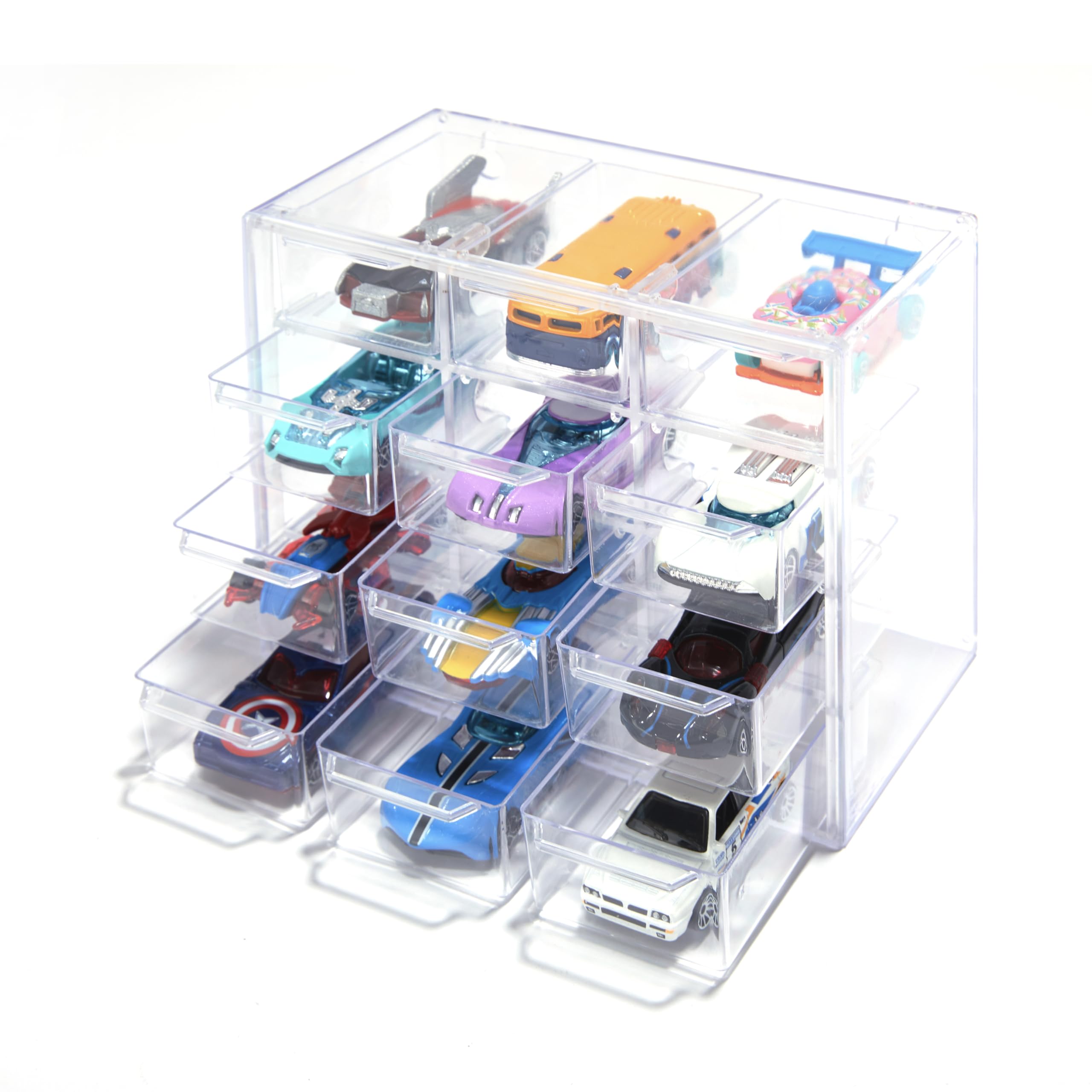HUHYNNClear Storage Case for Hot Wheels with 12 Drawer-type Compartments, Versatile Toy Car Storage Organizer for Hot Wheels Matchbox Cars (Clear, Small-12 Slots)
