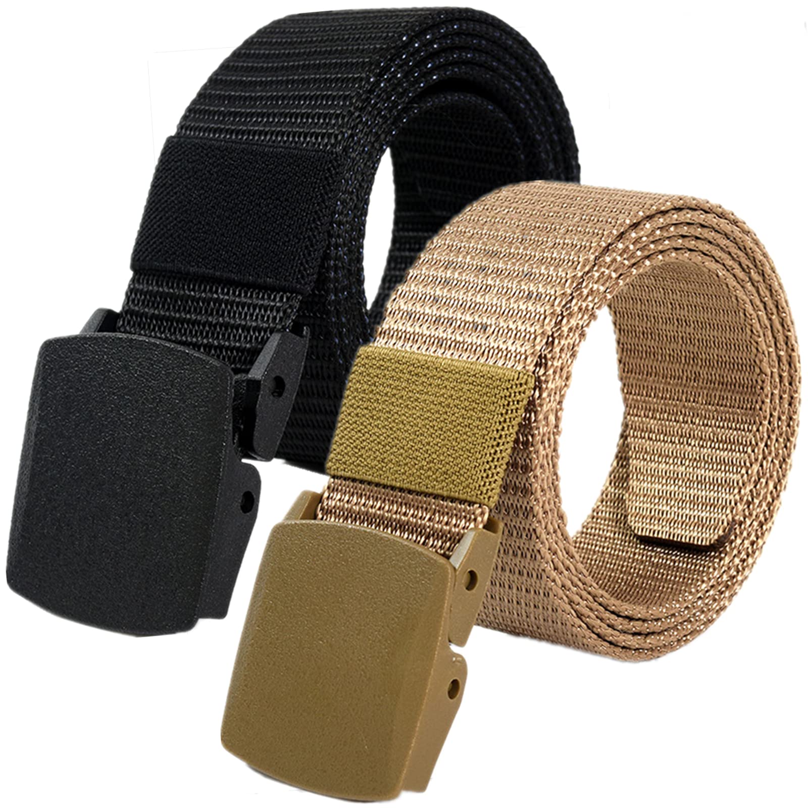 Cinturones de trabajo para hombre, Cinturones for hombres y mujeres, cinturón táctico de nailon ligero, tamaño de hasta 67 pulgadas con hebilla de plástico militar, 2 piezas(Black/Khaki,130CM/51")