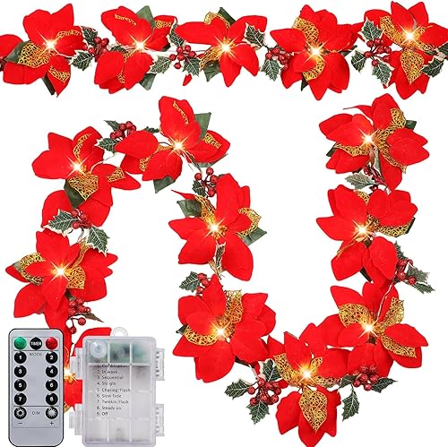 Miniatura 7 de Guirnalda de Navidad preiluminada con luces con purpurina y hojas de acebo y bayas, temporizador remoto, 8 modos, guirnalda de flores iluminada de