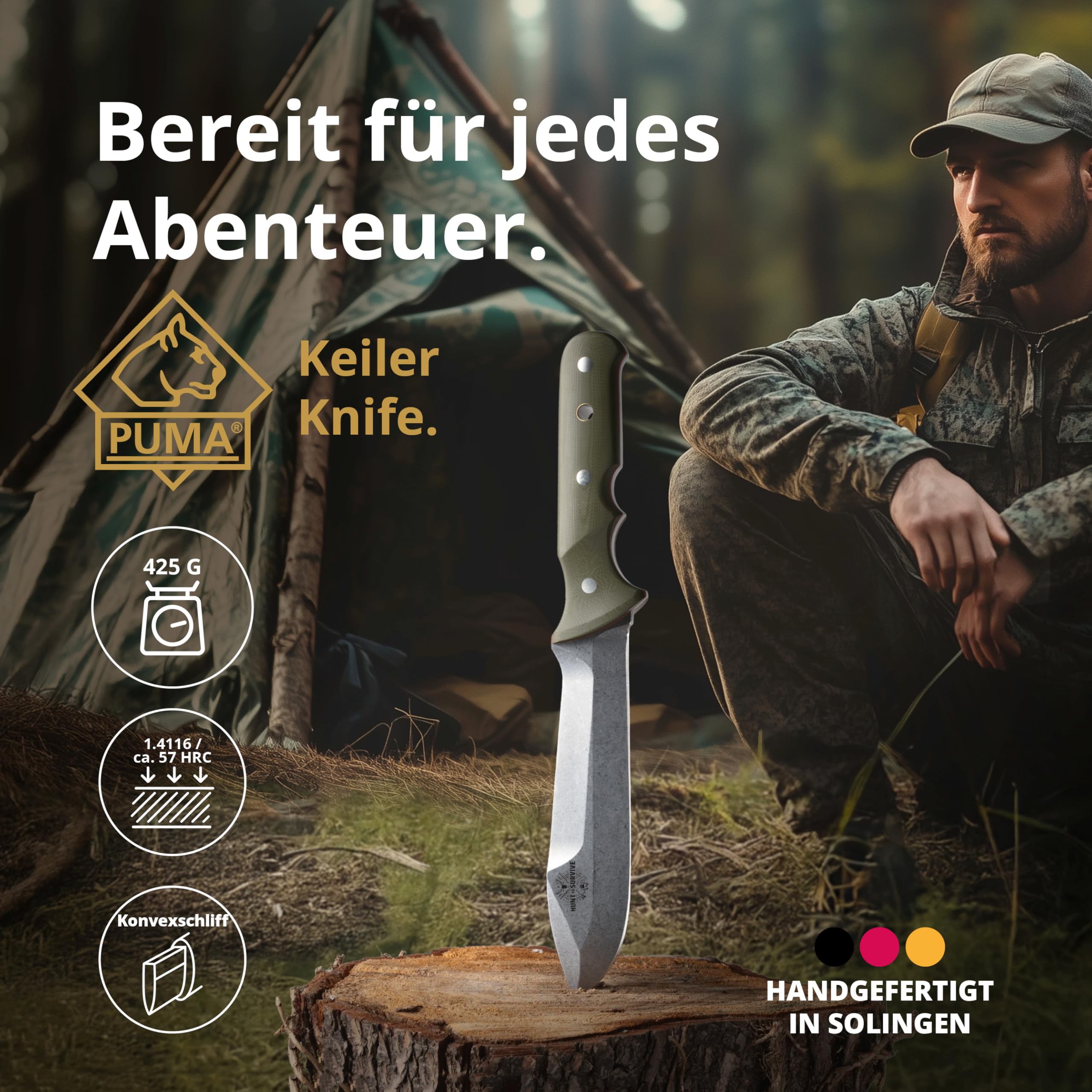 PUMA - Keiler “Hunt to Survive” Edition - Feststehendes Outdoor-Messer - Full-Tang - aus 1.4116 Stahl (57 HRC) – Ergonomischer G10-Griff – 170 mm Klinge – Mit Lederscheide(Art.Nr.: 143585)