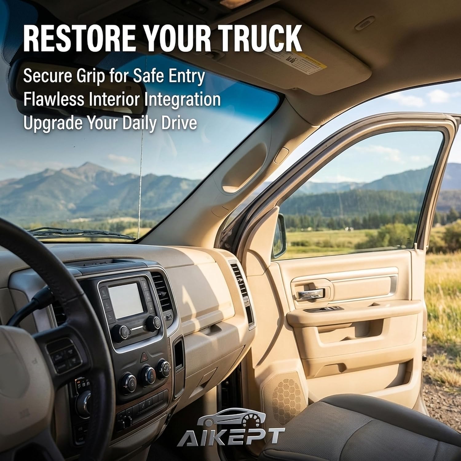 A-Pillar Grab Handle Trim Kit Compatible with Dodge Ram 1500 2002-2009, 2500 2003-2009, 3500 2003-2010, Driver & Passenger Side Interior Replacement Pair Replaces 1TE75BD1AA, Beige