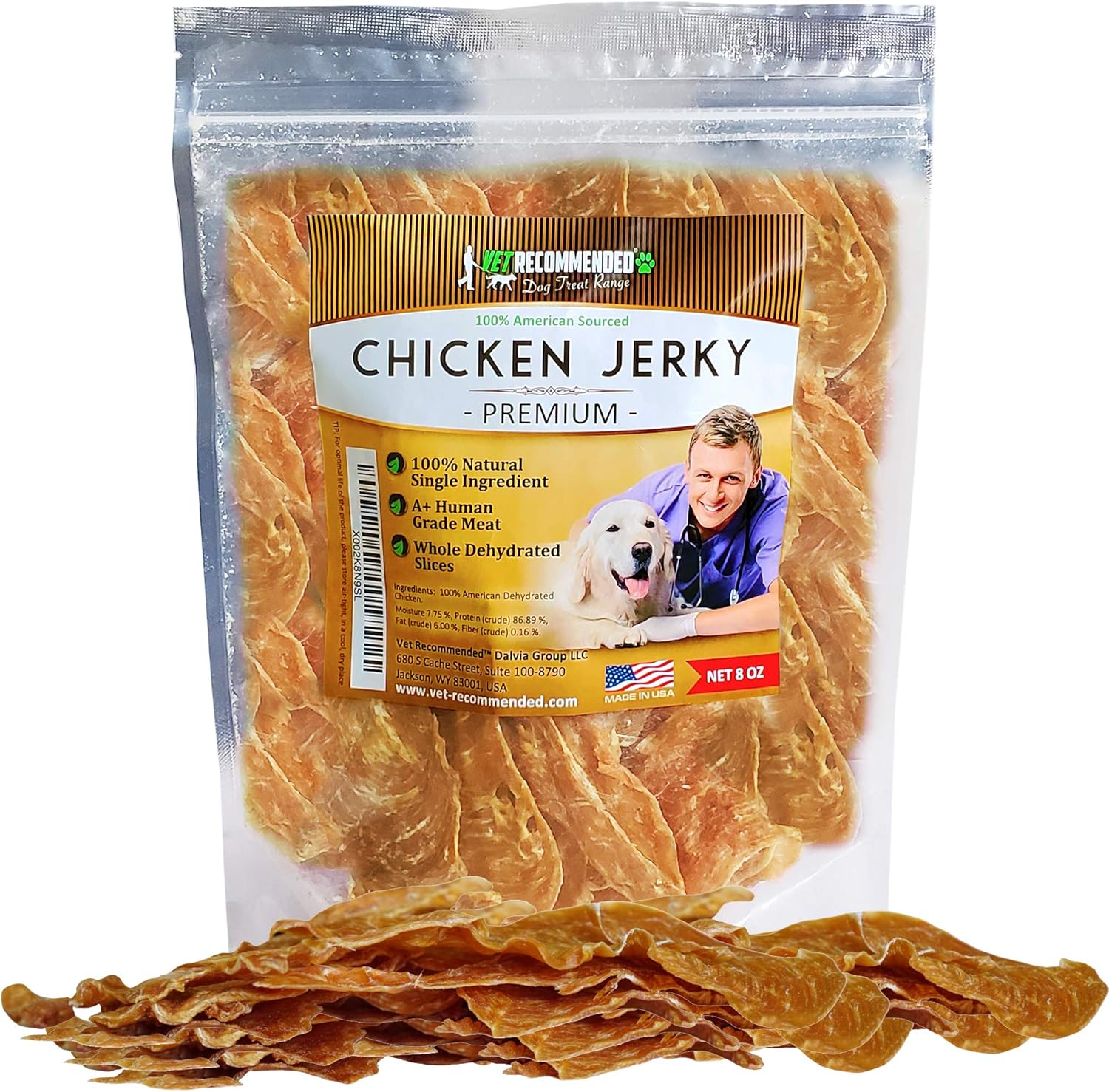 Vet Recommended Premium Chicken Jerky for Dogs - Giant 8oz Bag | All Natural Dog Treats - Single Ingredient - No Fillers or Preservatives - Whole Dehydrated Chicken - Made in USA