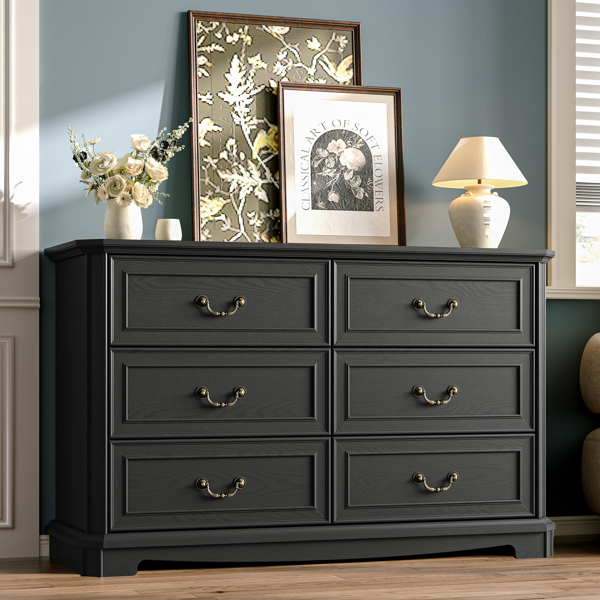 Farmhouse Dresser for Bedroom with 6 Drawer, 48" Wide Rustic Chest of Drawers with Metal Handle, Wood Vintage Dresser TV Stand, Wooden Closet Storage