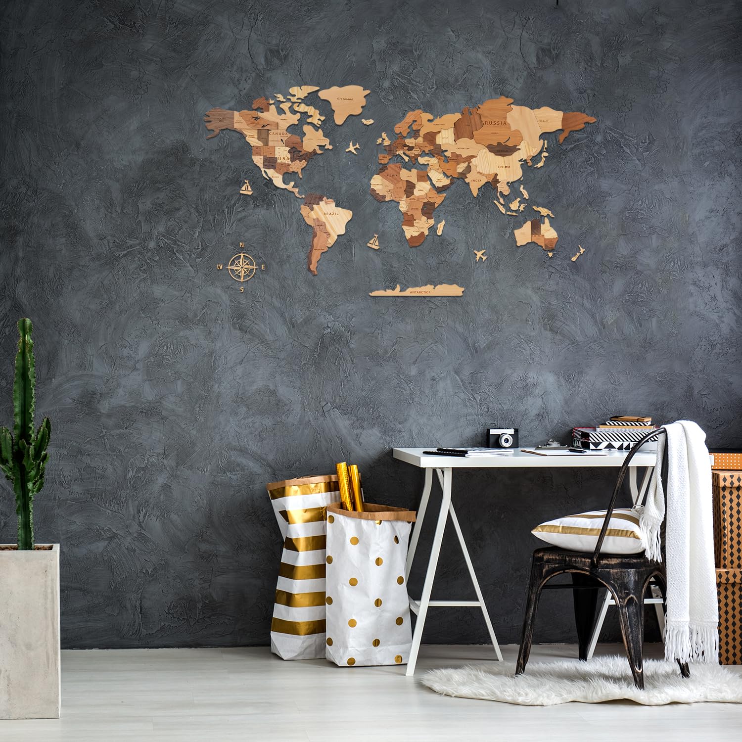 Creawoo Mapa del Mundo 3D de Madera para Decoración de Pared, Grande Mapamundi Maciza Natural Multicapa Arte de Pared para Oficina Sala de Estar Dormitorio, Mapamundi de Viaje de Madera-100x57cm