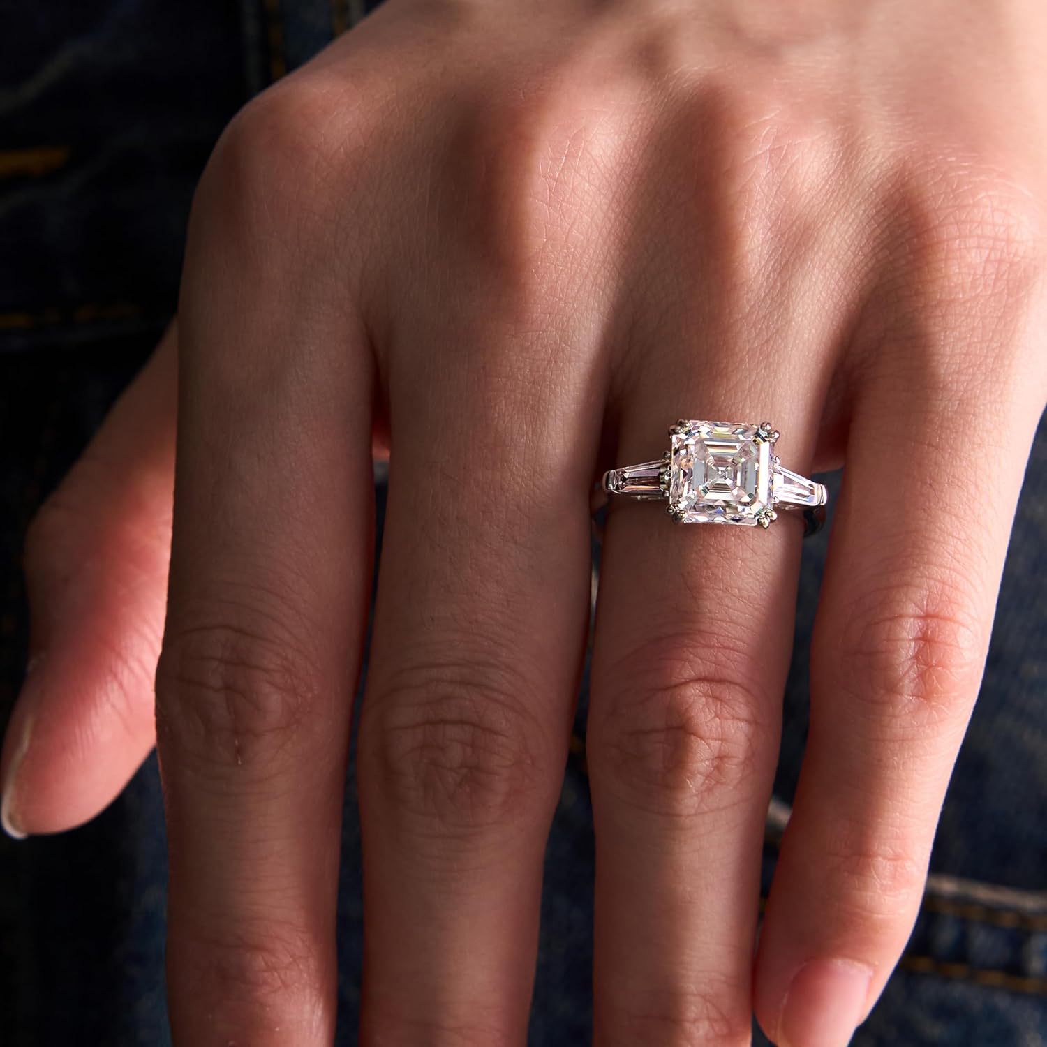 Moissanite Engagement Rings for Women, 3 Stone Asscher Cut D Color VVS1 18K White Gold Plated S925, Cut Lab Created Diamond Wedding Promise Ring - Image 6