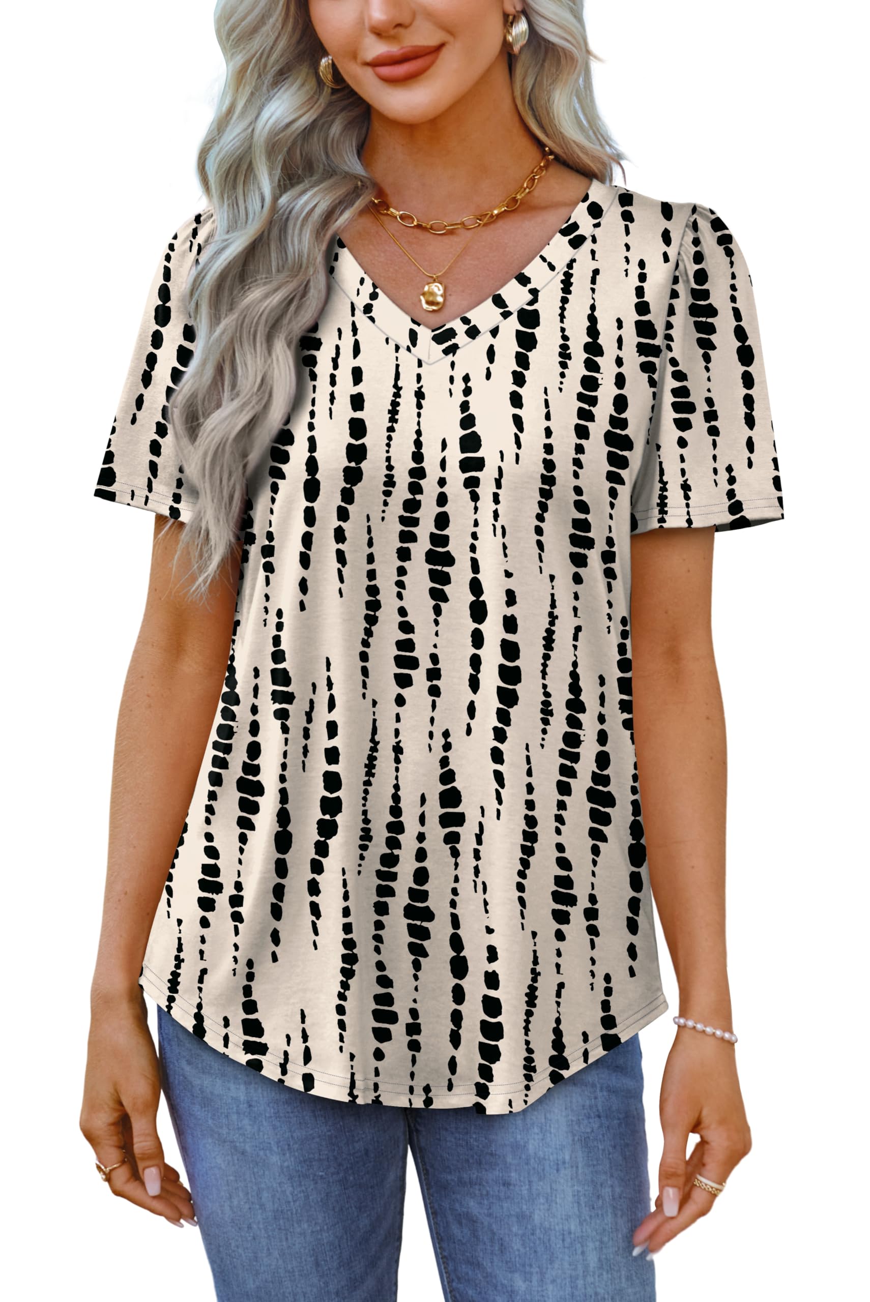 OFEEFAN T Shirts for Women V Neck Dressy Casual Blouses Puff Short Sleeve Summer Tops Loose Fit