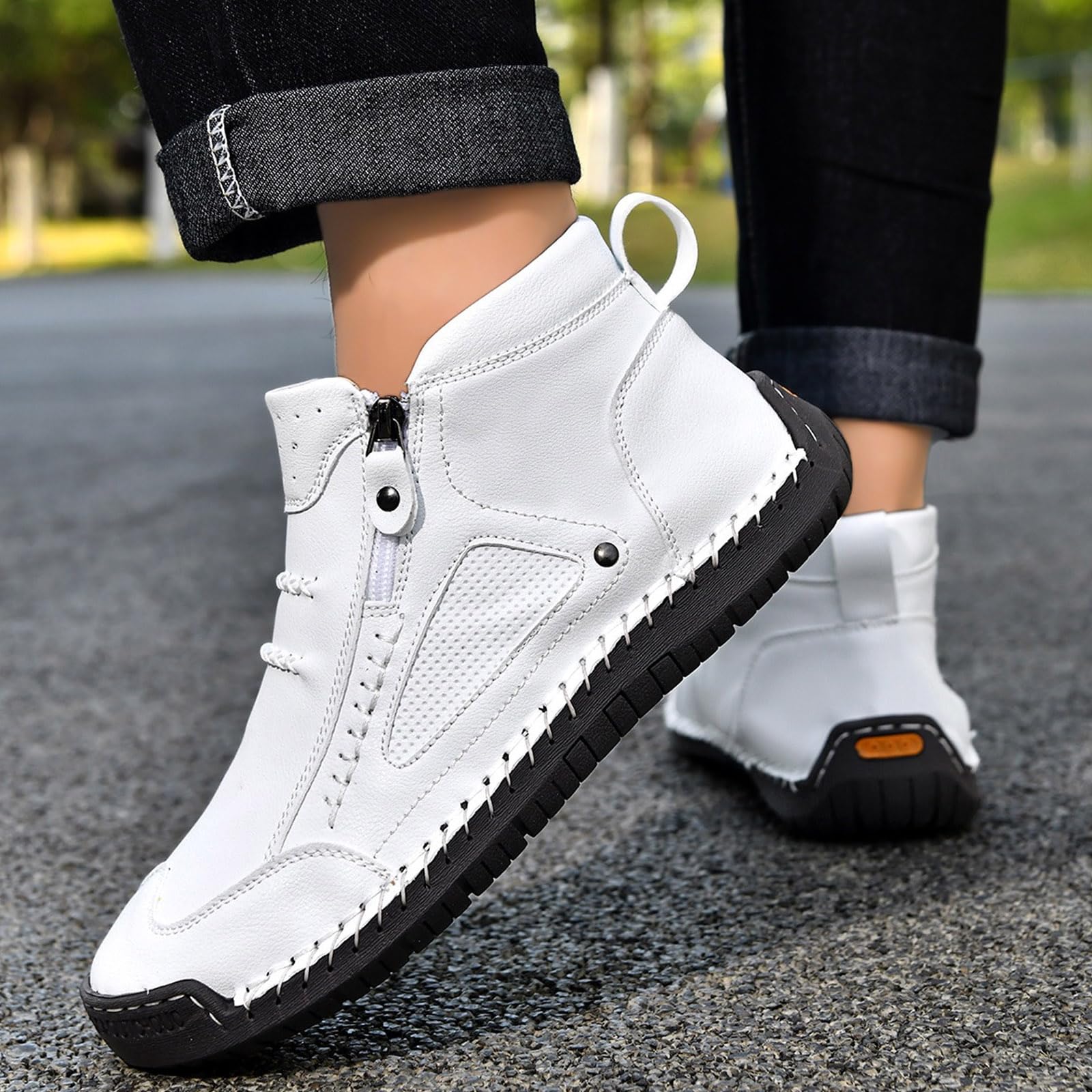 YHTRFDMSG Men's High Top Loafers Shoes,Handcrafted Leather Waterproof Non-Slip Orthopaedic Ankle Boots Side Zipper Hiking Orthopedic Fleece Slip-On Footwear for Outdoor Walking — view 8