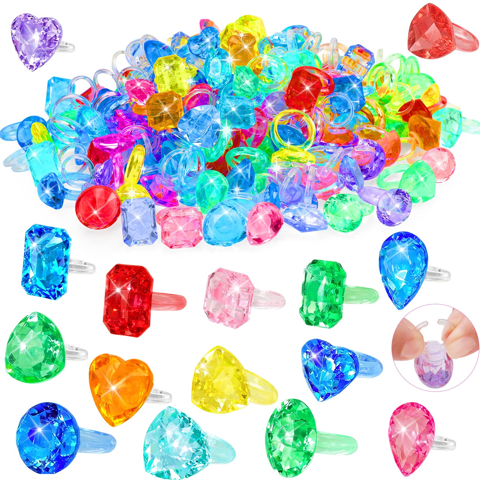 Photo 1 of 100pcs Gem Rings, 2-Size Kids Ring Toys, Bulk Toy Diamond Princess Party Favors, Colorful Plastic Rings Kids Jewel for Toddlers Dress Up, Goodie Bag Stuffers , Little Girl Christmas Birthday Gifts