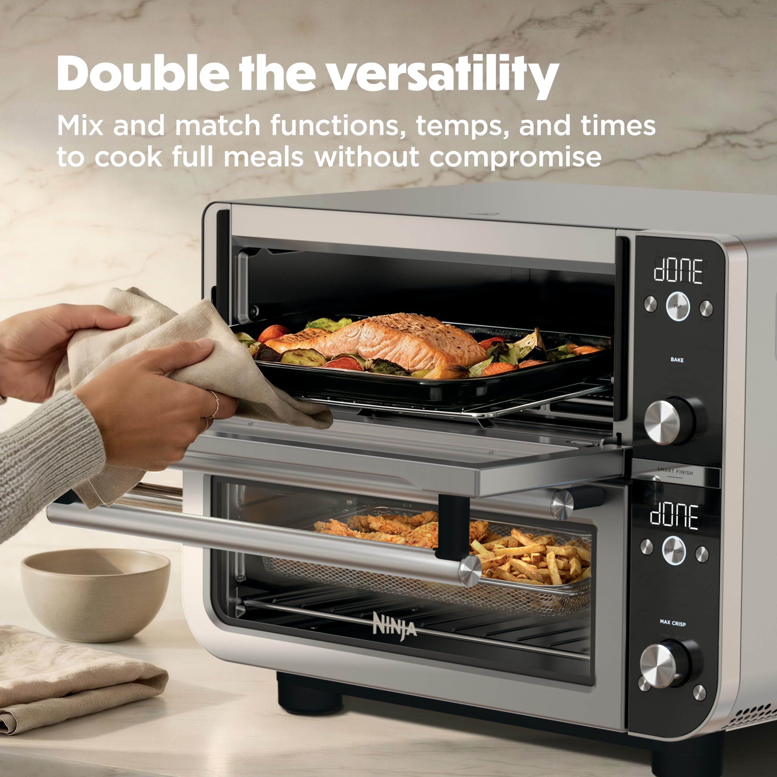 Ninja Double Oven Pro Smart XL – Four et friteuse à air | Polyvalence 12 en 1 avec finition intelligente et technologie DualZone pour cuisiner 2 repas simultanément | Convient pour
