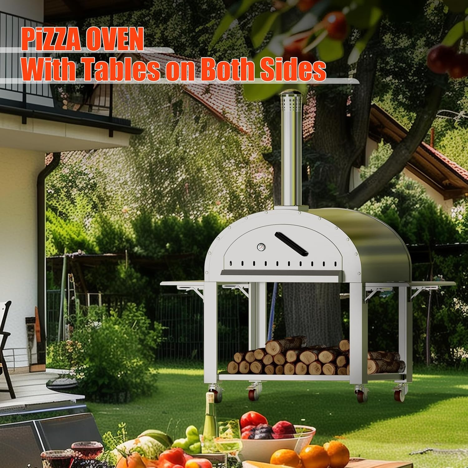 GAOMON 46 Inch Pizza Oven Outdoor,Wood Fire & Propane Gas Dual Fuel with Wheels and Accessories in Stainless Steel for Restaurant, Backyard, Garden, Patio, Camping, Silver