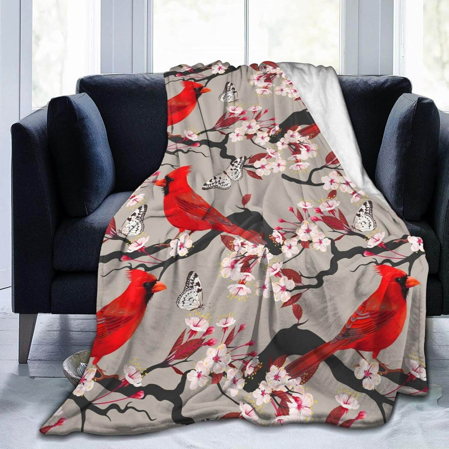 Lightweight Microfiber Plush Throw Blanket Christmas Cardinal Decor for Couch Bed Sofa Travel All Seasons… (Cardinals Birds Cherry Flowers, 60"×80")
