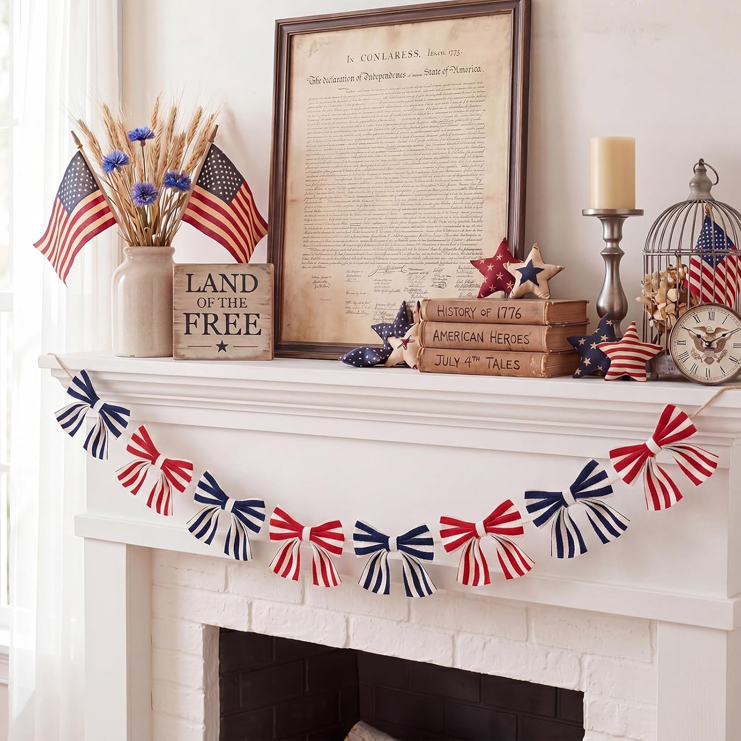 Newwiee 2 Pcs 4th of July Decorations 6 Ft Patriotic Bow Garland for Mantel Patriotic Bows Garland Banners Red White and Blue Hanging Decorations 250th Anniversary Independence Day Party Decor