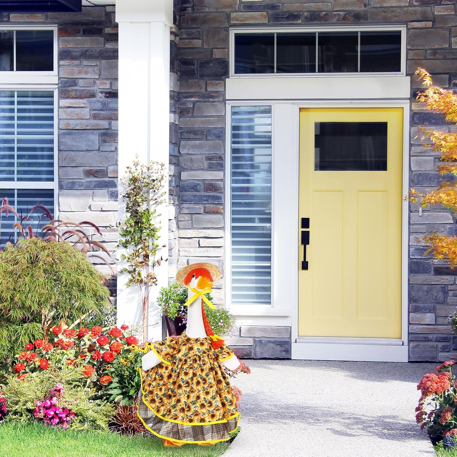 Spring Goose Outfit Sunflower Lawn Porch Cement Goose Sunmer Clothes Skirts Hat Wig Forgarden Outdoor Patio Yard Statue Art Decor(Cherry,23 Inch) - Image 6