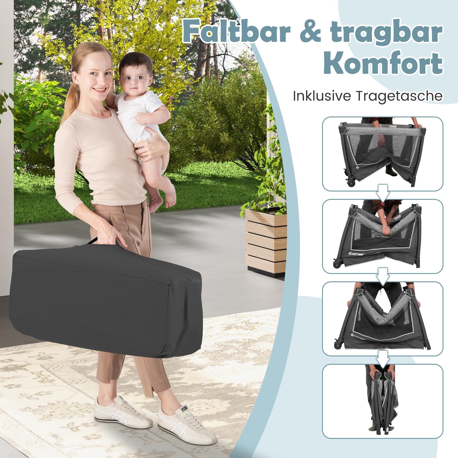 DREAMADE 5 in 1 Babybett, Reisebett Baby mit Matratze, verstellbarem Baldachin, Wickeltisch & Laufstall, Platzsparendes Beistellbett mit Tragetasche für Baby 0-36 Monaten (Grau)