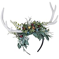 Vista 1 de MOSTORY Diadema Hecha a Mano con Cuernos de Reno Blancos y Hojas Verdes - Diadema de Cuernos de Venado del Bosque con Frutas para Mujeres y Niñas