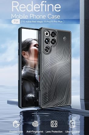 Phone Case for Red Magic 11 Pro / 11 Pro+ Case with Glass Screen Protector, Translucent Matte Hard PC Back & Soft TPU Bumper Protective Case - Black