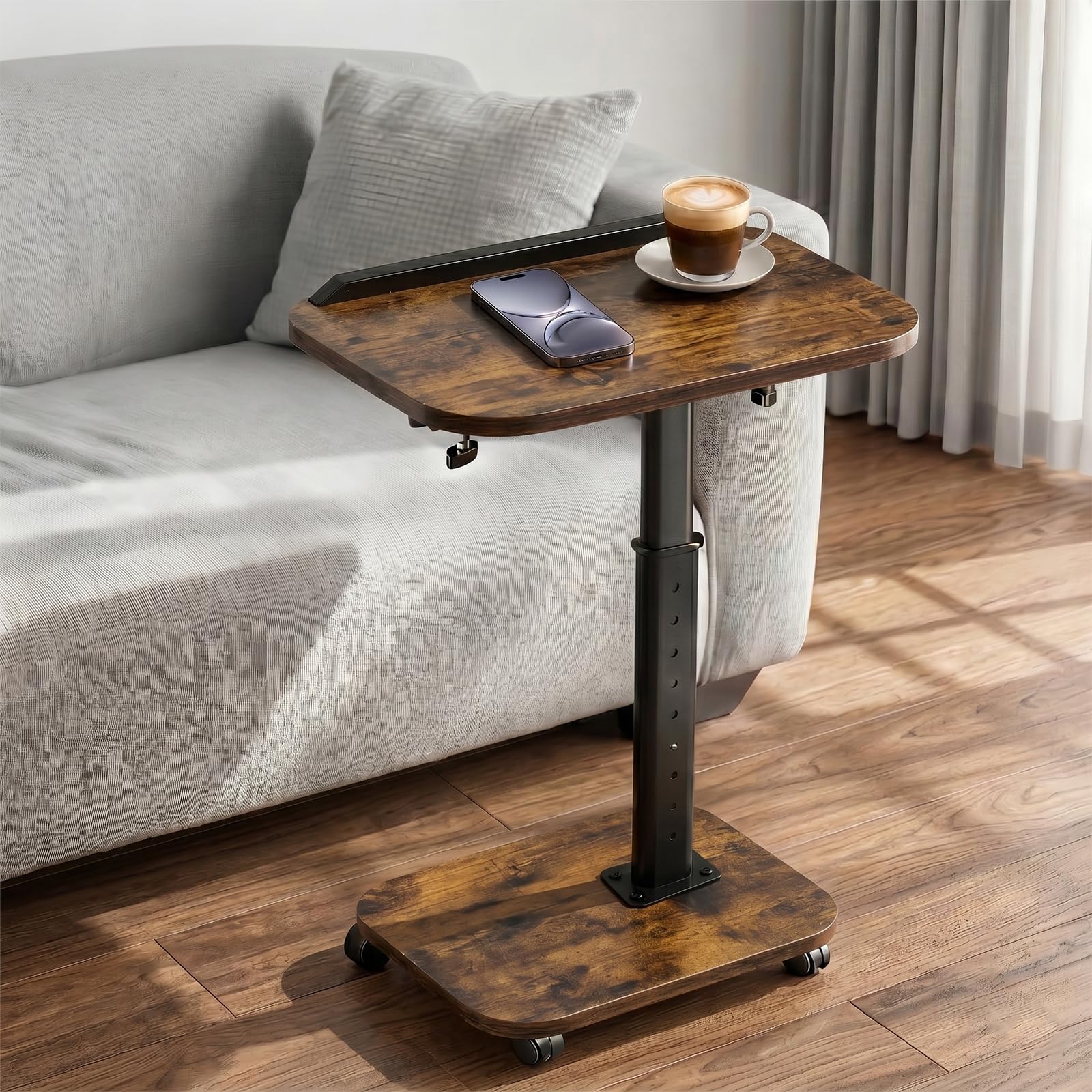 C Shaped Side Table, Sofa TV Tray Tables Adjustable Height & 180° Flip-Over Panel Design, End Table with Phone/Tablet Slot & 4 Castor Wheels,Couch Tables for Living Room/Bedroom/Bed/Snack (Yellow)