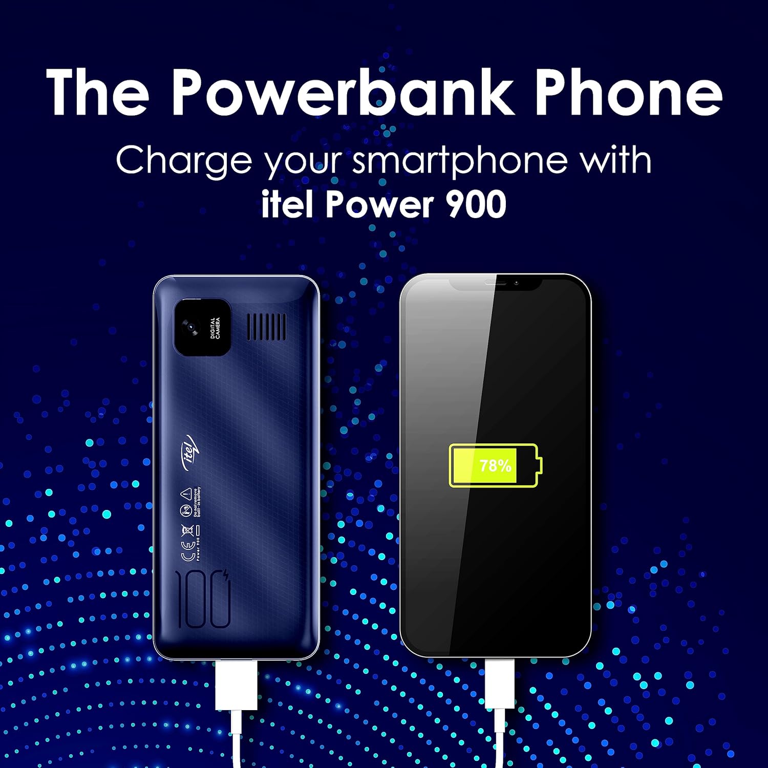 itel Power 900 acting as a power bank, charging a smartphone.