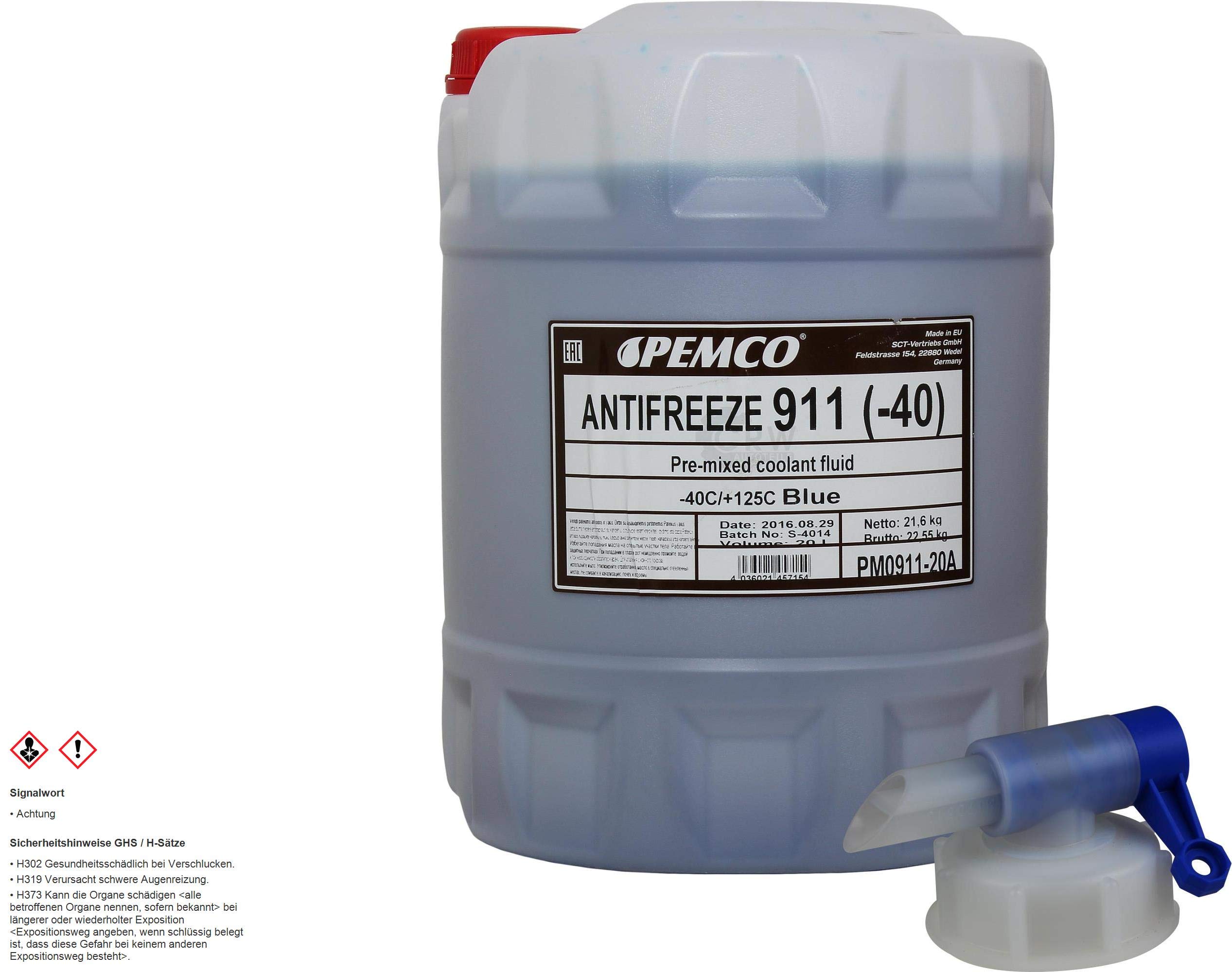 20 Liter PEMCO Antifreeze 911 Kühlerfrostschutz blau Fertiggemisch + Auslaufhahn Typ G11