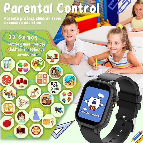 Miniatura 4 de Reloj inteligente para niños, 32 juegos, 3 deportes, libros de audio y tarjetas de estudio, modo escolar, reloj despertador, podómetro, cámara