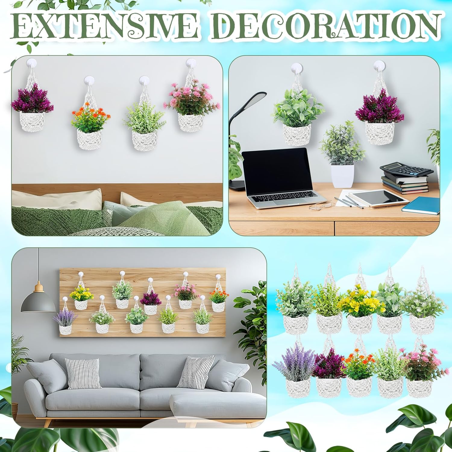 10 Pack Macrame Wall Plant Hanger with Artificial Pot Flower - Boho Wall Hanging Planter for Indoor Plant Cotton Rope Holder with Mini Fake Pot Flower for Home Wedding Decor Gift(White)