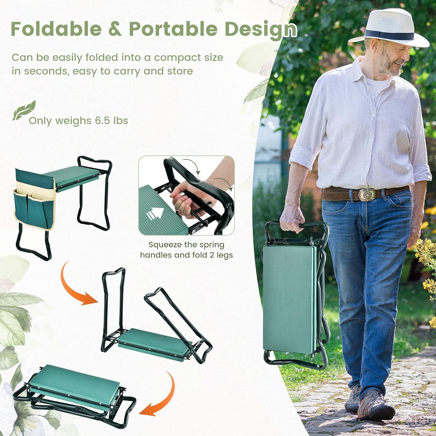 IRONMAX Garden Kneeler and Seat, Heavy Duty Foldable Gardening Bench Stool w/Soft Foam Pad & Tool Storage Bag for Kneeling & Sitting, Gardening Gifts for Women Men