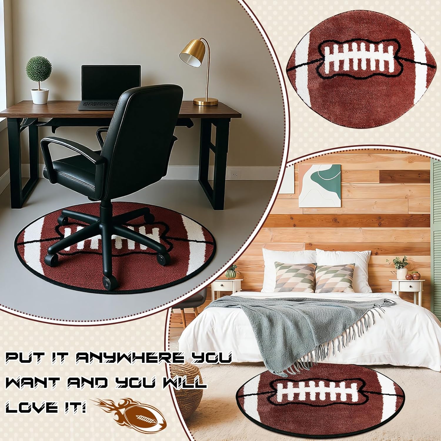 Funtery Large Football Rug for Boys Room Decor Washable Brown Sports Area Rug with Non-slip Backing, Plush Floor Mat for Teen Bedroom, Man Cave, Nursery and Game Room (brown, 32x39", Football)